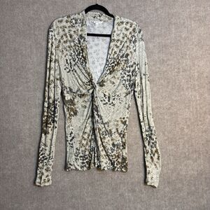 Cabi Sz L Twist Front Animal Abstract Print Deep‎ V Neck Crossover  Rayon Top
